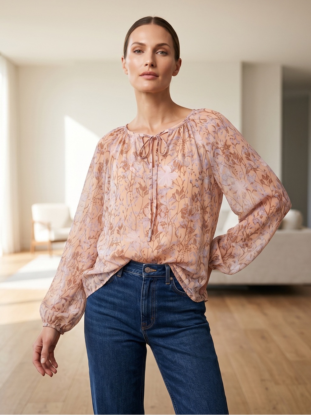 Floral Peach Blouse With Built In Tank Periwinkle Flower Accents.